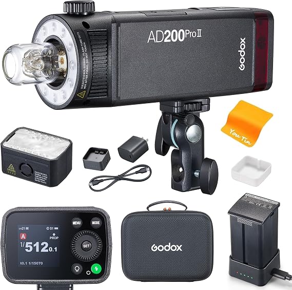 Godox AD200 Pro II AD200Pro II Flash Strobe Monolight, One-Tap sync with X3 Trigger, Bi-Color LED Modeling Lamp,1/512 to 1/1 in 0.1 Increment Steps, 0.01-1.8s Recycle time,16 Color Groups Indicator