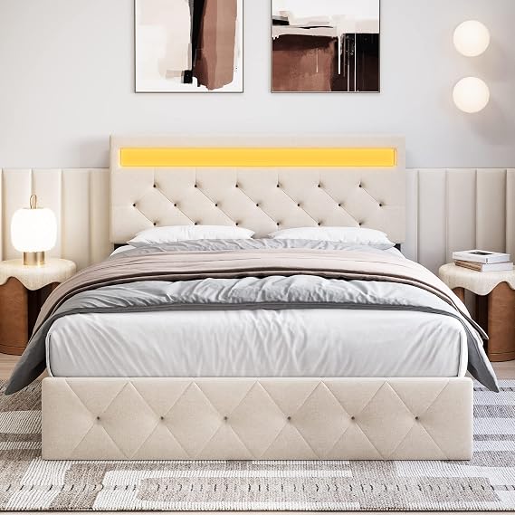 Queen Bed Frame with LED Lights Headboard, LED Bed Frame with Fast-Charging USB Port, Upholstered Platform Bed Frame, No Box Spring Needed, Easy Assembly, Beige