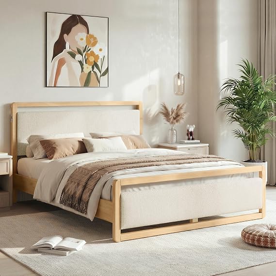 KISLOT Queen Wood Platform Bed Frame with Boucle Upholstered Headboard, Mid-Century Modern Bed with USB Charging Station, Solid Wood Slat Support, Noise-Free, No Box Spring Needed, Natural