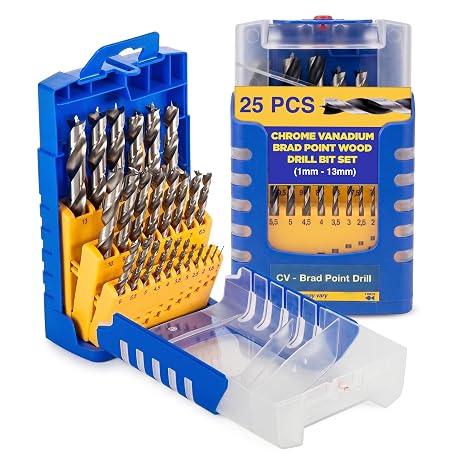 Brad Point Drill Bit Set -Chrome Vanadium Wood Drill, Sizes 1mm-13mm 25 Pcs | Brad Point Drill Bit Set Wood, MDF & Acrylic Woodworking Tools, Clean Cuts with Beveled Edge, DIY & Professional Use