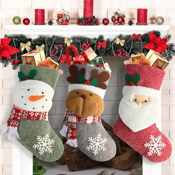 18.5 Inch Christmas Stockings for Hanging Set for 3, Large Xmas Fireplace Mantel Socks with Snowman, Reindeer & Santa, Classic Holiday Hanging Decorations for Home, Party & Gift Stuffers