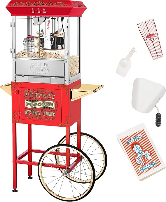 Great Northern Popcorn Company 5995 10 oz. Perfect Popper Popcorn Machine with Cart - Red (5995 GNP Red 10oz. Full) | Vintage Style Popcorn Maker Machine with Stainless-Steel Kettle, Detachable Cart, Warming Light, and Accessories