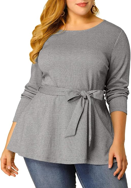 Agnes Orinda Women Plus Size Peplum Tops Belted Tie Houndstooth Blouse