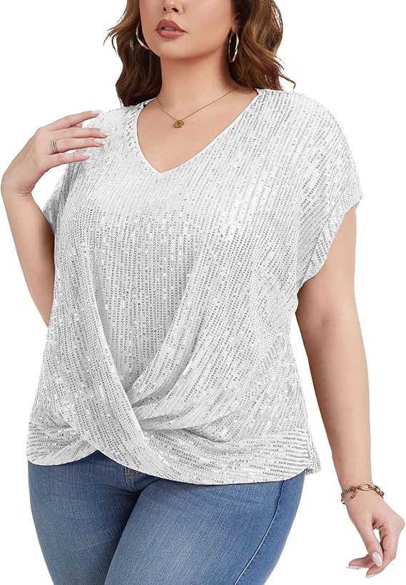 Plus Size Sparkly Sequin Top Women UK Short Sleeve Twist Knot Party Blouse