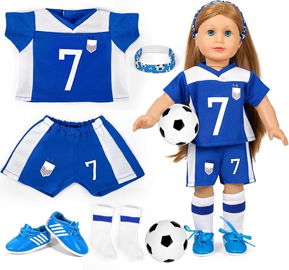 ARTST American 18 Inch Doll Accessories and Clothes Soccer Outfit Set | 18 inch baby doll soccer uniform Include with Jersey, Shorts, Socks, Shoes, Soccer Ball, Cheer Gift for Girls