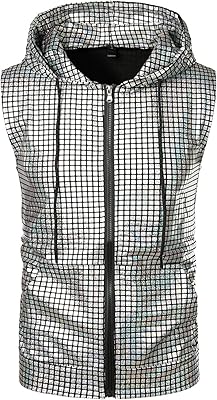 ZEROYAA Mens Shiny Metallic Zip Up Sleeveless Hooded Vest T Shirt with Kangaroo Pocket