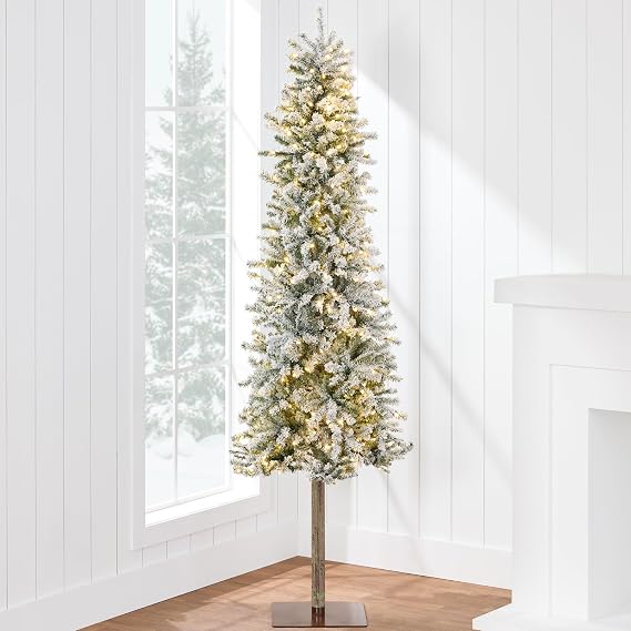 Best Choice Products Flocked Pencil Christmas Tree 7.5ft Pre-lit Alpine Slim Holiday Decoration, Lighted Skinny Decor LED Lights, Metal Stand