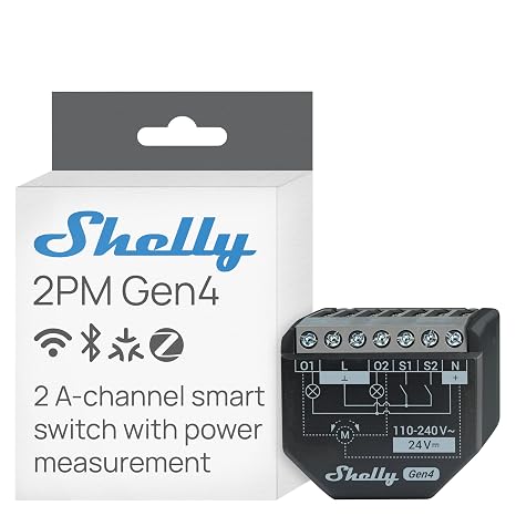Shelly 2PM Gen4, Smart Relay Switch, WiFi, Matter & Zigbee, 2-Channel | Power Metering, Compatible with Alexa, SmartThings, Google Home, Apple HomeKit, Home Assistant, Roller Shutters Control