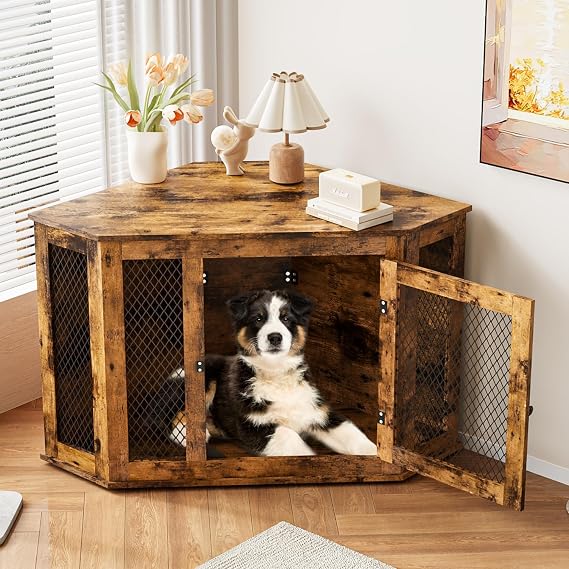 PRETZI Corner Dog Crate Furniture,44 inch Decorative Pet Crate with Metal Mesh,Wooden Dog Kennel Indoor Use for Small Medium Dogs,Dog House TV Stand,Perfect for Limited Room,Brown