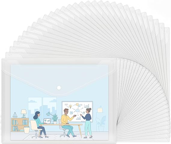 EOOUT 30pcs Plastic Envelopes, Clear Reusable Poly Envelope Waterproof File Folder with Snap Button, US Letter, A4 Size, for School Office Supplies