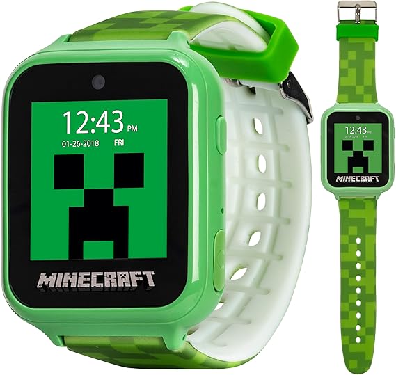 Minecraft Kids LED Smartwatch with 10 Creeper and Mob Watch Faces, Step Counter, Selfie Camera, Video Recorder, Voice Recorder, Timer, Fun Games, Calculator, and Wallpapers Fits Wrists 5.5"-8.0"