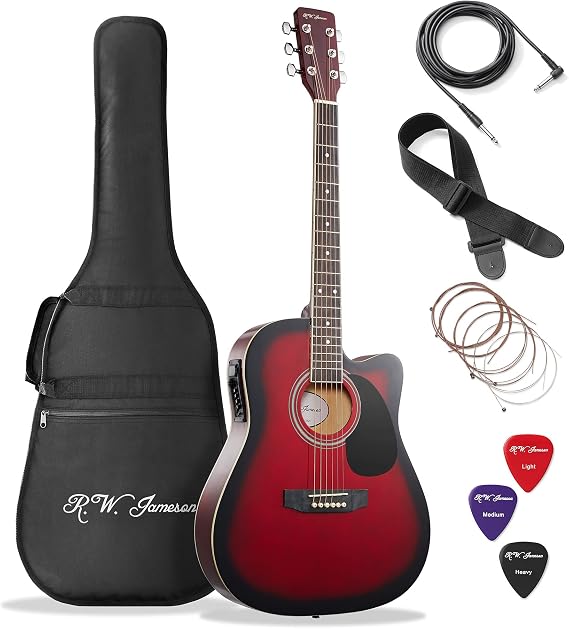 Jameson Guitars Full Size Thinline Acoustic Electric Guitar with Free Gig Bag Case & Picks Red Right Handed