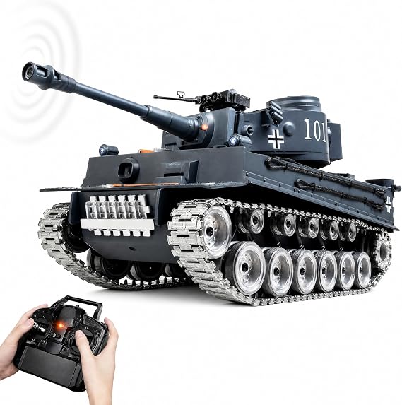 Remote Control Tank, 1:18 Scale, Metal Tracks and Recoil | Metal tracks RC tank with high-torque climbing, recoil, smoke, sound, rotating turret, and water-bead activity.