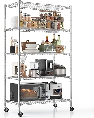 Homdox Heavy Duty Storage Shelves, 5 Tier Wire Shelving Unit with Wheels, Commercial Adjustable Metal Shelves for Storage, Garage Rack Pantry Shelves Kitchen Shelving, 18x36x82, Chrome