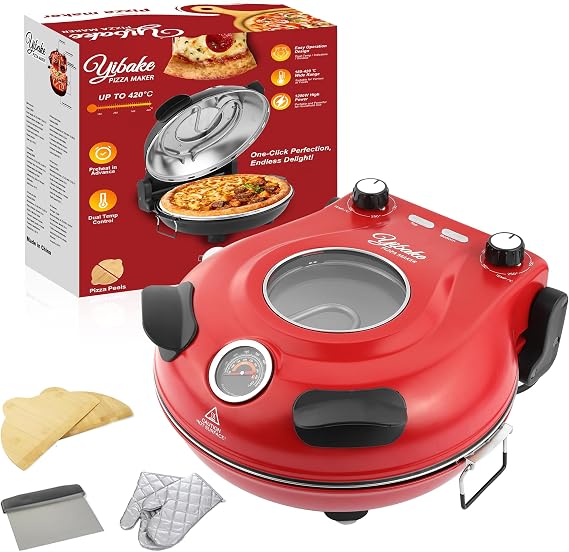 Electric-Pizza-Oven-Indoor, 1200W 31CM Pizza Maker, Red | Includes a Ceramic Pizza Stone, Dough Scraper, Pizza Peel & Oven Glove; Thermometer, Dual Temperature Control, Up to 420°C