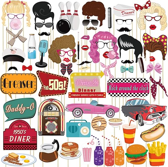 50s Party Photo Booth Props 67 Count | 1950s Sock Hop Rock and Roll Decor