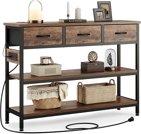 Lulive Entryway Table with Outlets, 3 Fabric Drawers, 43 in Console Table
