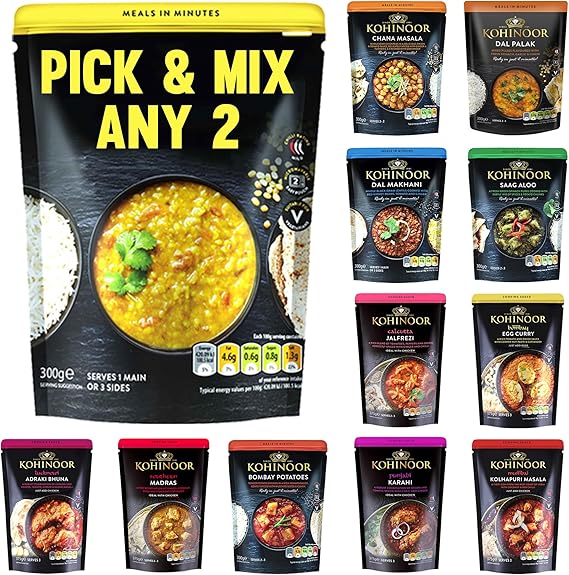 Kohinoor Pick & Mix Any Ready Meals & Cooking Sauces 300–375g | Authentic Indian Heat & Eat Meals | Quick & Easy Gourmet Dishes | Premium Ingredients | All Variety Pack (2)
