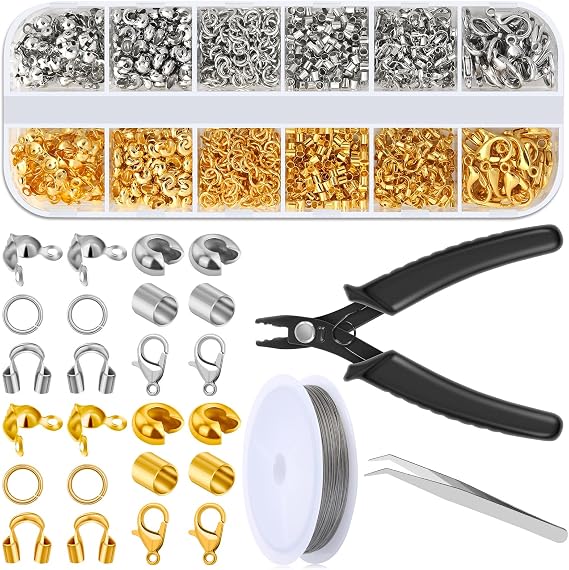 Acejoz 1200 Pcs Crimp Beads Supplies for Jewelry Making, Including Crimp Covers, Crimp Tubes and Wire Guardians, Lobster Clasps, Jump Rings, Crimping Pliers and Beading Wire for Bracelets Making