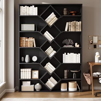 Winkalon 71 Triple Wide Bookshelf, 6-Tier Bookcase with Diamond Accent Compartments, Space-Saving Storage Cabinet for with 17 Open Display Shelves for Living Room, Bedroom, Home Office Black