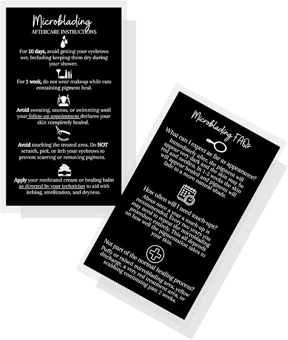 Microblading Aftercare Cards | 50 Pack | Size 3.5 x 2" inches | Disposable FAQ Microblade Printed Certified Recommended Care Instructions | PMU Black with White Icons Design