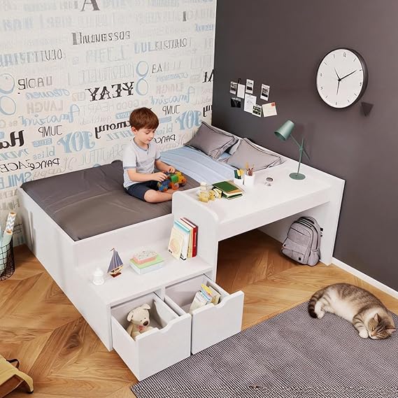 Su & Chan Legence Single Bed with Storage Drawers, 3ft Mid Sleeper Bed with Desk, Kids Bed with Wooden Slats, No Mattress, Space Saving, 90 x 190cm, White