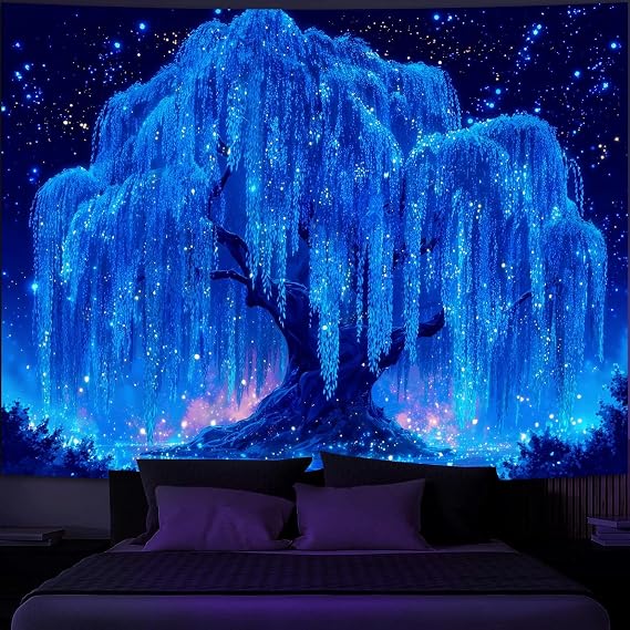 Simpkeely Blacklight Starry Night Tree Tapestry, UV Reactive Neon Willow Tree of Life Wall Hanging, Glow in the Dark Galaxy Mystical Aesthetic Wall Art for Bedroom, Living Room - 150 x 200 cm