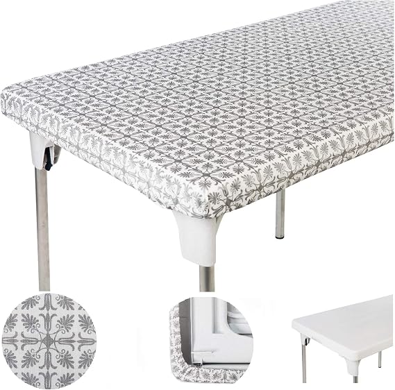 TopTableCloth Table Cover Silver Patterned Elastic on The Corner for Folding Table 6 ft 30 x 72 inch Waterproof Elastic Edge Fitted Stay Put Table Cloth for Travel Christmas Picnics Parties Outdoor