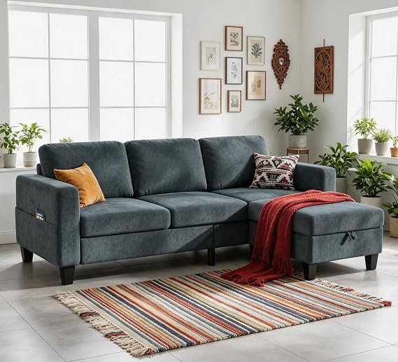 79" Deep Seat Sectional Sofa Couches for Living Room, 3 Seat L Shaped Convertible Couch with Storage Ottoman, Pet-Friendly Velvet Fabric Sofa Set for Small Space, Apartment, Office, Blue