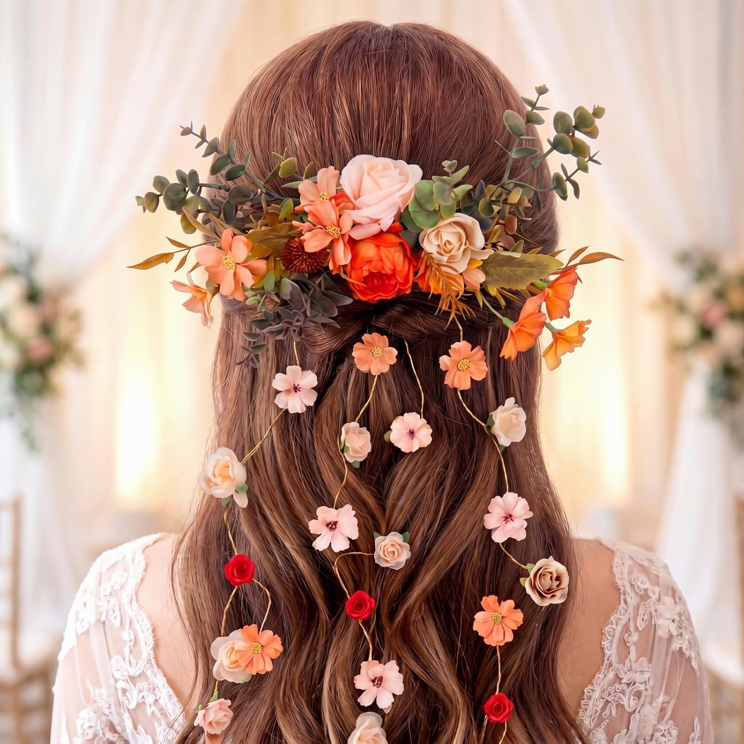 Boho Bridal Hairpiece Artificial Flower Vine for Outdoor Weddings Long Bridal Hair Vine Wedding Head Piece Accessories with Orange Hues(Fall)
