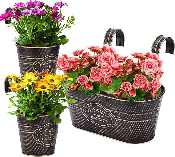 PerGar 3 Pack Metal Railing Planter Box Outdoor, 10.6" Hanging Flower Pots with Detachable Hooks & Drainage Holes, Rail Planter Boxes for Balcony Deck Porch Fence Garden Home Decoration, Black