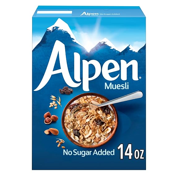 Alpen Muesli No Sugar Added Cereal, Heart Healthy Cereal with Wheat Flakes, Rolled Oats, Nuts and Raisins, Non-GMO Project Verified, 14 OZ Box (Pack of 1)
