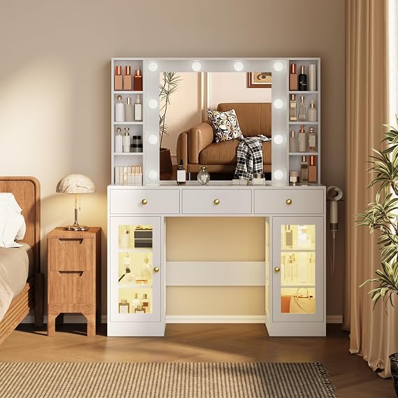 White Makeup Vanity Desk with Mirror and Lights, 43" Vanity Table with 2 RGB Cabinets, Glass Tabletop, 3 Color Modes, 3 Drawers, Dressing Table with Power Outlet, for Girls Gifts