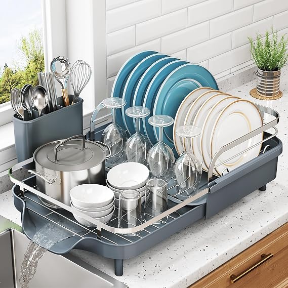 SNTD Expandable Dish Drying Rack for Kitchen Counter, 15.2-22.1 in, Gray
