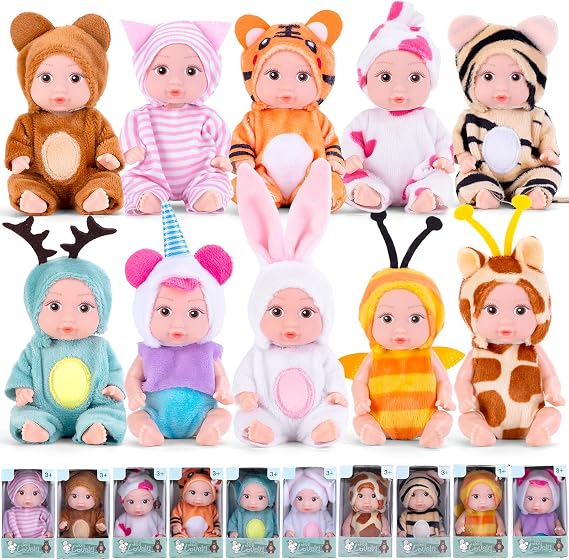 Vueos 10PCS 4inch Mini Reborn Baby Dolls Set with 10 Outfits - Realistic Open Eye Design Child-Safe Role Play Toys for Girls Boys, Christmas Birthday Easter Gift Sets