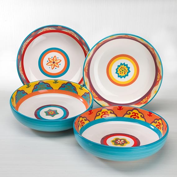 EuroCeramica Galicia Andalusian-Inspired Collection, Pasta Bowls Set of 4, Vibrant Assorted Patterns, Multicolor Design