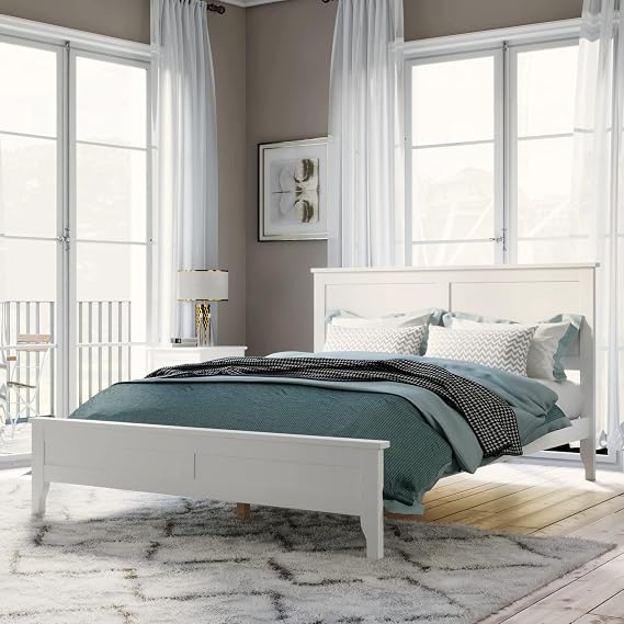 White Wood Bed Frame Full,Modern Solid Wood Full Platform Bed Frame, No Box Spring Needed, White (Full)