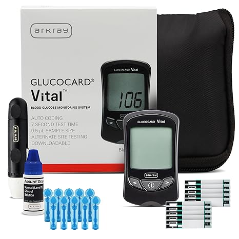 ARKRAY GLUCOCARD Vital Blood Glucose Meter Kit Complete Glucose Monitoring System with Meter, 10 Test Strips, 10 Lancets, Control Solution, Lancing Device & Carrying Case