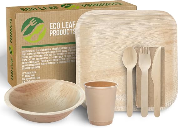 ECO Leaf 350 Pcs Disposable Palm Leaf Dinner Set | 50 X 10 Square Plates, 7" Round Bowls, 8oz Bamboo Paper Cups, Wooden Cutlery Set | Eco-Friendly, Biodegradable Heavy-Duty for Wedding, Party, Picnic