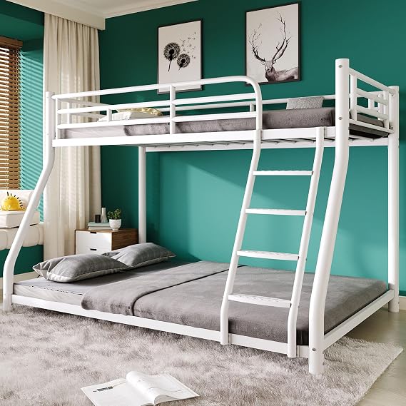 Metal Twin Over Full Bunk Bed，Bunk Beds Twin Over Full Size with Removable Wide Ladder -Length Guardrail，Low Full BunkBeds Frame Heavy Duty steel Slat Support For Adults Kids and Young Teens.