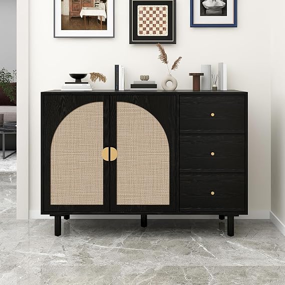 Sideboard Buffet Cabinet, Rattan 2 Doors 3 Drawers Accent Cabinet, Farmhouse Boho Wood Credenza with Adjustable Shelf, Storage Cabinets for Living Room, Dining Room, Office, Black