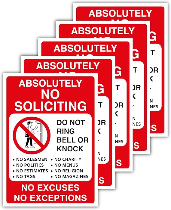 Absolutely No Soliciting Decals 5-Pack (4.13" x 5.83") Polypropylene Glossy-Laminated Door Signs Weatherproof No Soliciting Sticker for House, Window No Solicitors, Do Not Knock or Ring Doorbell