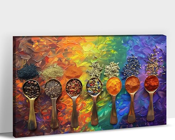 Kitchen Wall Art Decor, Spices Canvas Wall Art, Colorful Kitchen Wall Decor Spice Poster Prints Herb Spoon Food Picture Seasoning Spoon Canvas Painting Artwork for Home Dining Room Restaurant 32"x48"