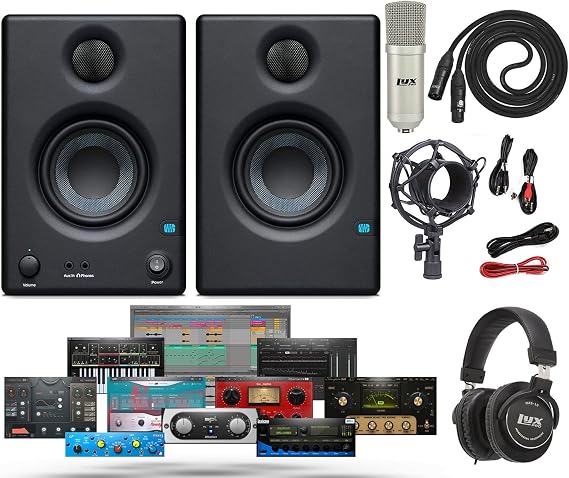 PreSonus Pair of Eris E3.5 3.5" 2-Way 25W Studio Monitors with and Professional Condenser Recording Microphone, Shockmount XLR Kit
