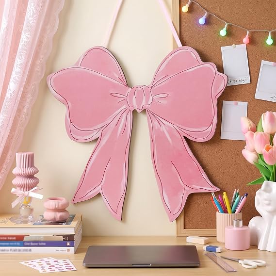 RattanView Pink Bow Wooden Door Hanging Sign for Girls Room Coquette Cute