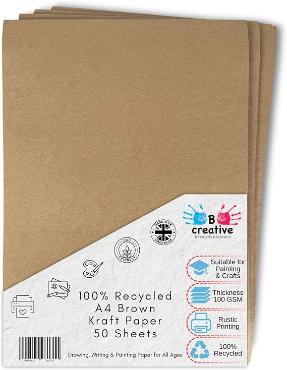 BCreative A4 Kraft Paper 100gsm 50 Sheets Recycled Printer Paper | Double-sided, sturdy 140 micron, flecked biscuit tone, no bleed-through, menus, invitations, art, craft, gift wrap