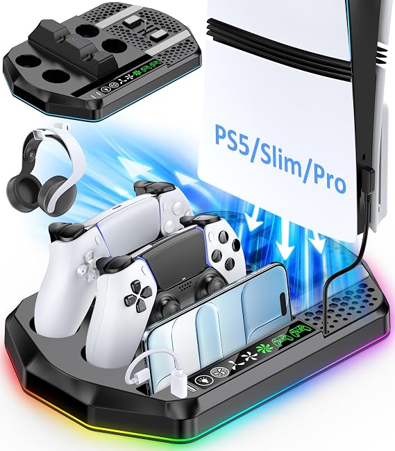Cooling Station with Controller Charger for PS5/Slim/Pro, PlayStation 5 Vertical Stand for Disc & Digital Console, Dual PS 5 Controller Charging Station with 3 Level Cooling Fan, PS5 Accessory - Black