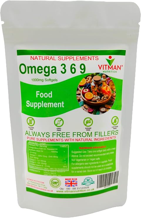 Omega 3 6 9 High Strength Essential Fatty Acids Fish Oil Supplement 1000mg Soft Gel Capsules & Added Vitamin E (120)