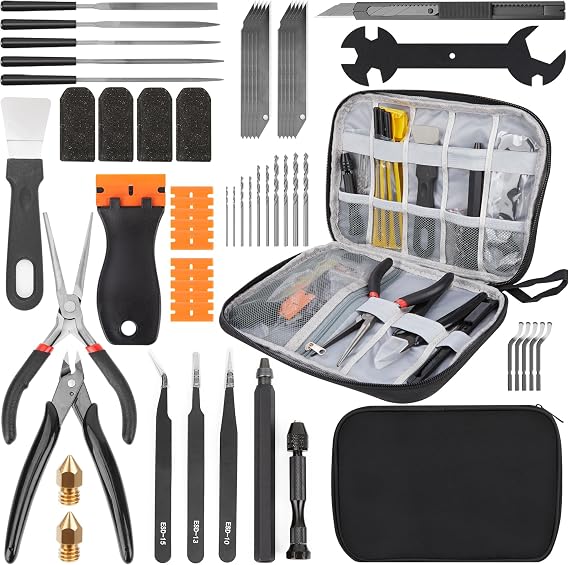 3D Printing Tool Set, 58Pcs 3D Printer Accessories with Deburring Tools, Removal Scrapers, Blades, Pliers, Wrenches, Brushes, Suitable for 3D Printed Finishing, Deburring and Cleaning