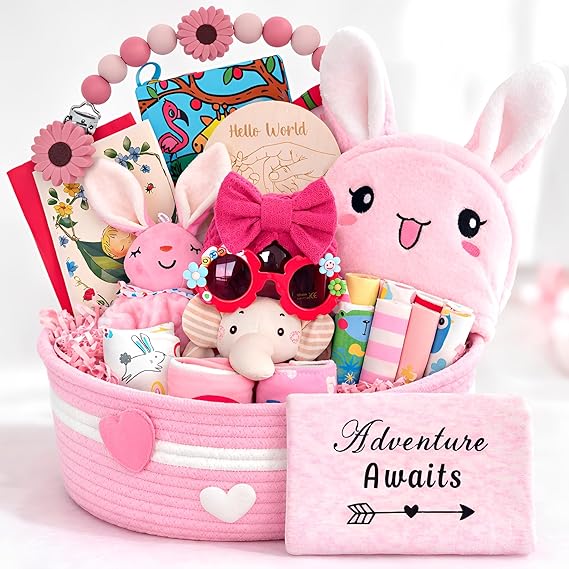 25-Piece Baby Girl Gift Basket Set - Newborn Essentials in Woven Diaper Caddy Organizer, Baby Shower Gifts for Expecting Moms with Bunny Bath Towel, Rattle